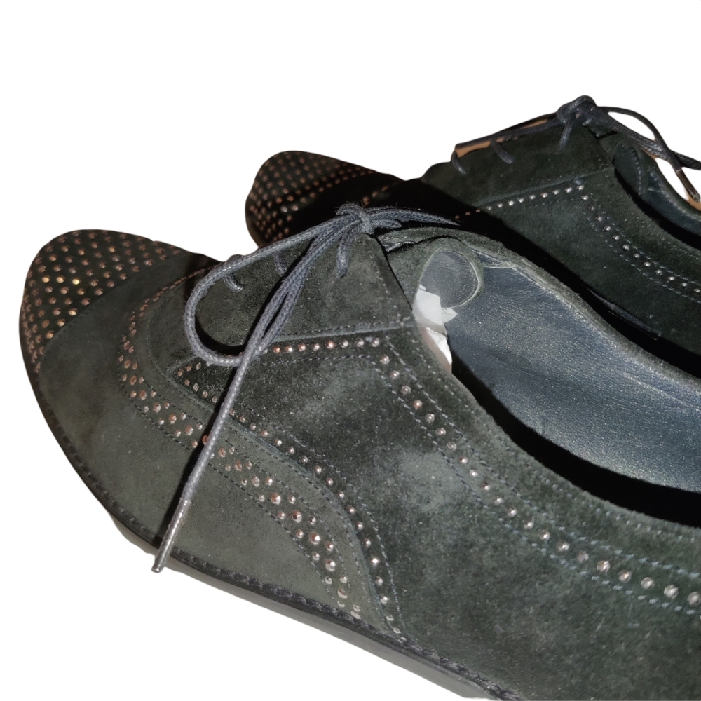 Stuart Weitzman Leather Suede Lace Up Studded Heeled Oxford Loafers - Picture 5 of 16